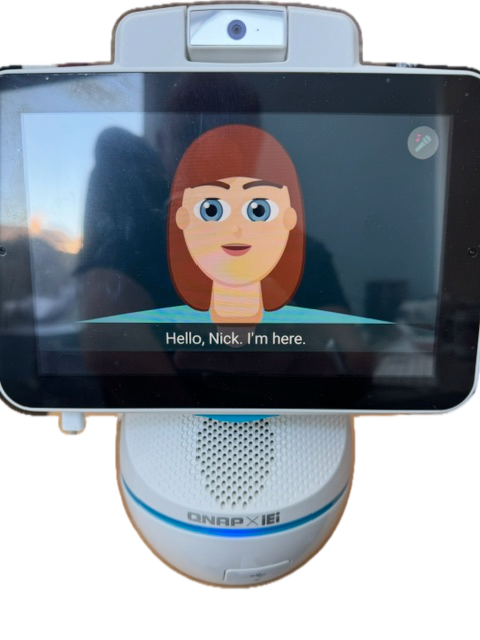 Sophie running on an AfoBot, greeting a resident by name